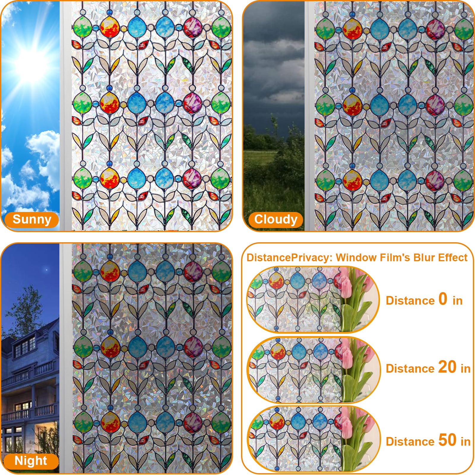 Countewol Rainbow Privacy Window Film Stained Glass Style Adhesive-Free Residue-Free Reusable Easy to Install with Tools (Rainbo